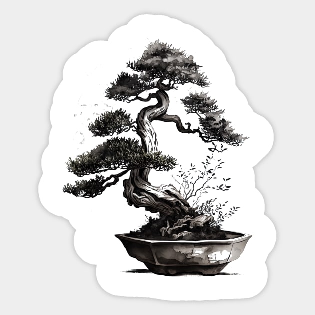 The Essence of Tranquility A Sumi-e Bonsai Painting Sticker by geekmethat